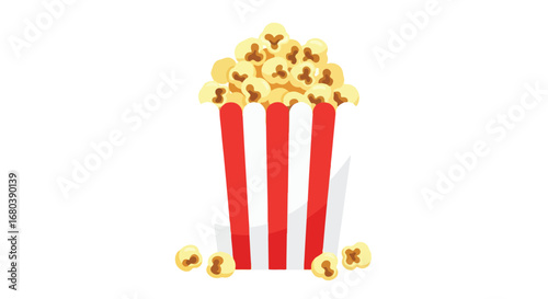 Cartoon Style Illustration of Popcorn in a Striped Container on a White Backdrop  Perfect for Movie Nights and Snack-Related Themes