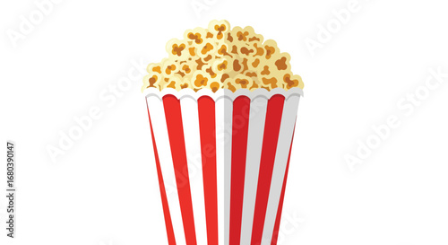 Classic Striped Container Overflowing with Freshly Popped Golden Popcorn Illustration, Perfect for Movie Nights or Snack Advertisement Imagery
