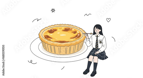 Schoolgirl Enjoys A Giant Egg Tart In A Whimsical Sketch Style Illustration