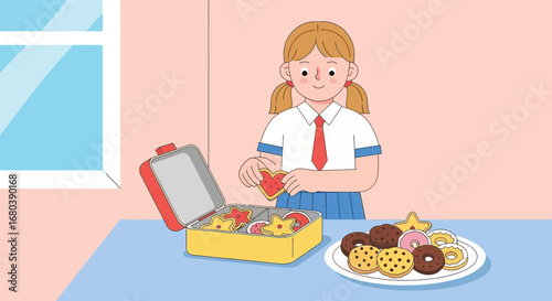 Schoolgirl Packing Heart-Shaped Cookies And Desserts In Lunchbox, Sweet Treats For Lunch Time
