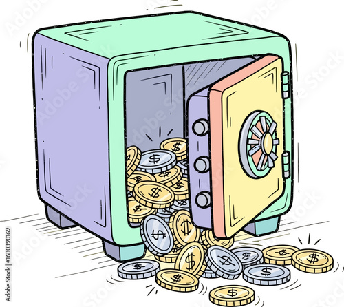 Cartoon illustration depicts a safe overflowing with coins, suggesting wealth and financial security AI/EPS/PNG/JPEG