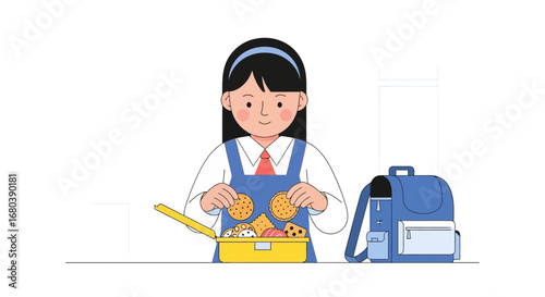 Schoolgirl Preparing Lunchbox Filled Delicious Snacks And Ready For School Day