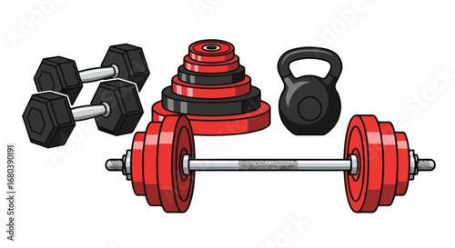 Vibrant fitness equipment assortment showcases the tools needed to achieve any fitness goal featuring barbell, dumbbells, kettlebell and weight plates