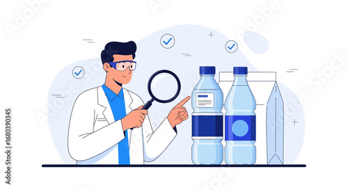 Scientist Examining Bottled Water Quality with Magnifying Glass For Product Inspection