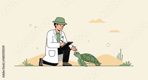 Scientist Examining Turtle In Its Natural Habitat Under A Serene And Colorful Atmosphere