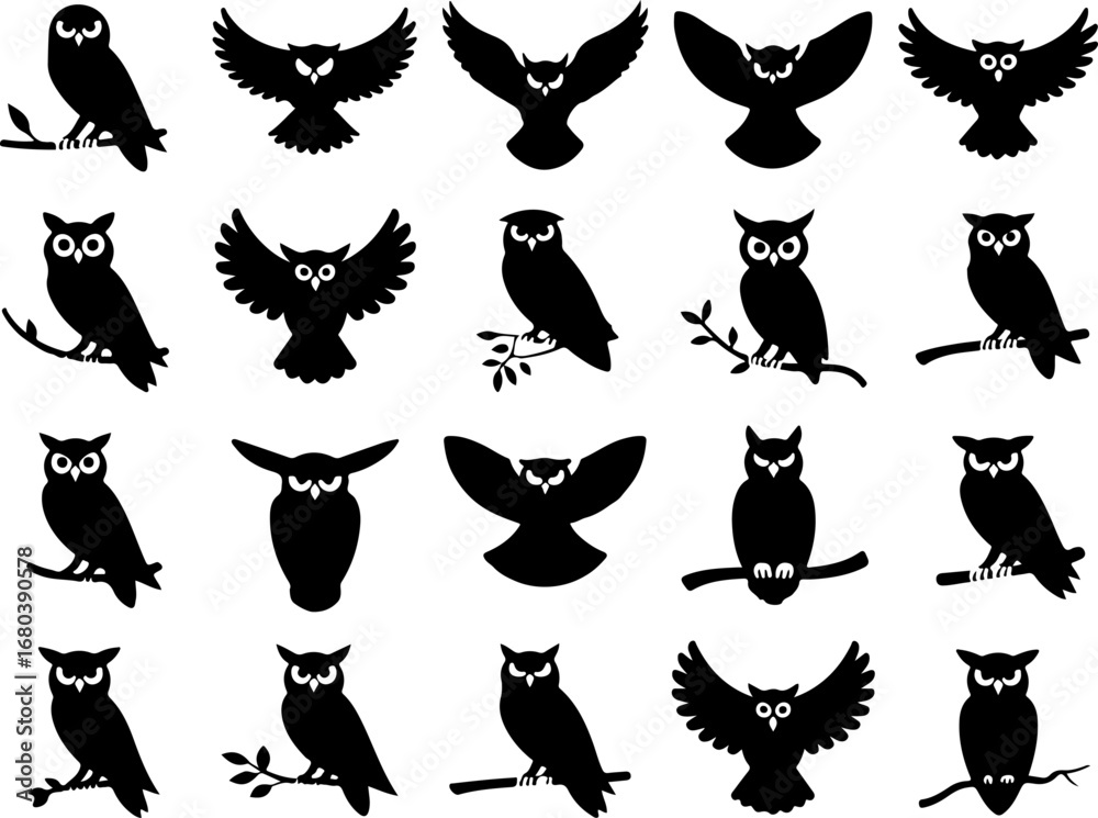 Naklejka premium Owl Silhouette Icon Collection Vector Bundle