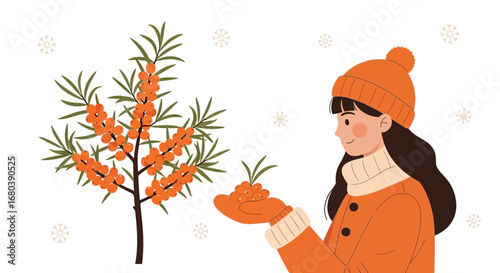 Sea Buckthorn Harvest: A Young Woman Gathers Berries Amidst Winter's Embrace