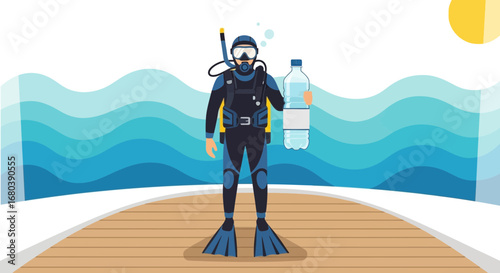 Scuba Diver Holding Water Bottle On Deck, Abstract Ocean Waves and Sunlight Illustration