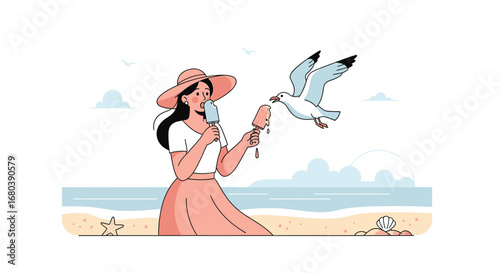 Seaside Delight: A Woman's Summer Day Interrupted By A Playful Seagull