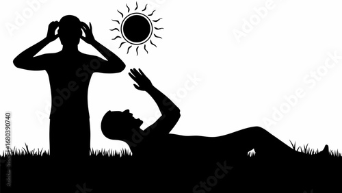 Silhouette of two people under the sun one standing with hands on head and one lying down with arm up