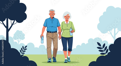 Senior Couple Enjoying A Walk In Nature With Hydration And Affection