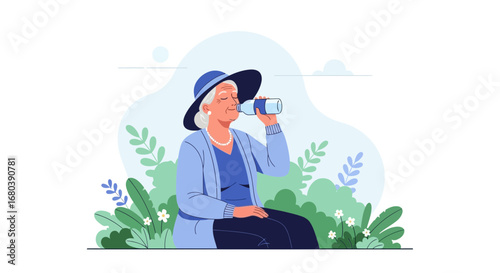 Senior Lady Enjoying Hydration Outdoors While Relaxing in a Serene and Lush Garden Environment