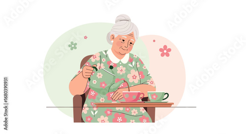 Senior Woman Pouring Tea into teacup: A Moment of Serenity and Floral Elegance