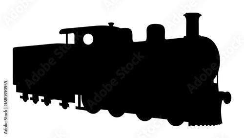 Silhouette depiction of a vintage steam train engine with a tender car on a white background view