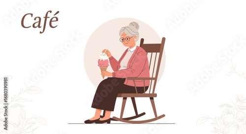 Senior Woman Relaxes With Ice Cream Cone In A Cafe Or Casual Setting Peaceful Joy