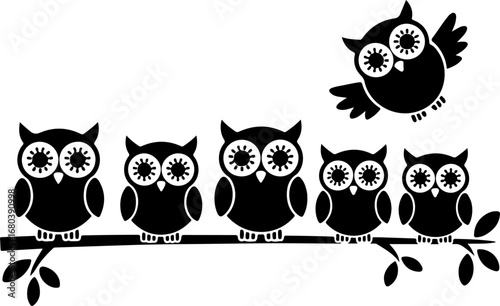 Owl Family Silhouette on Branch Vector Bundle