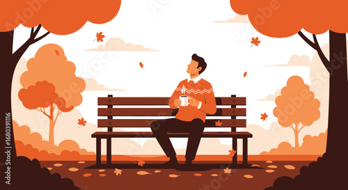 Serene Autumn Moment: Man Sitting on Bench, Sipping Beverage to Enjoy the Season