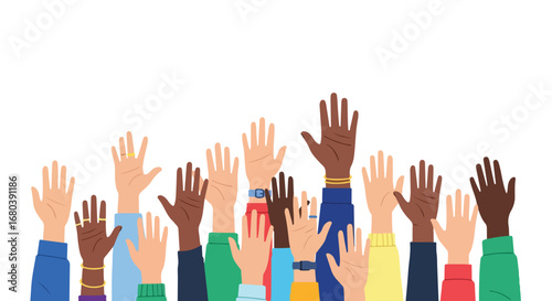 Diverse voices raised in unison, symbolizing unity, participation, and collaborative engagement across different cultures and identities