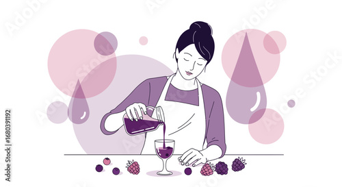 Serene Bartender Crafting A Delightful Berry Beverage In A Stylish And Modern Illustration