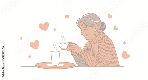 Serene Elderly Lady Enjoying a Moment with a Cup of Tea and Hearts of Love