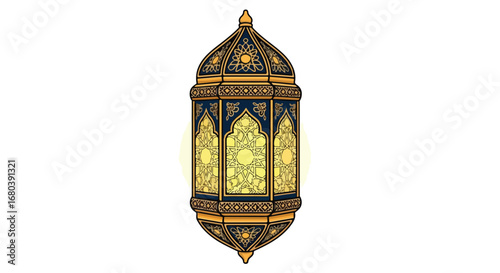 Intricate golden ornate lantern illustration casting a soft glow on a white background evoking arabian nights and festive celebrations