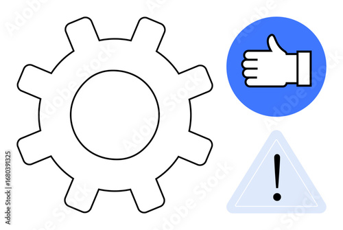 Large gear representing settings or processes, thumbs-up signifying approval, and warning triangle for alert. Ideal for workflow, optimization, feedback, alerts, tech, mechanics simple landing page