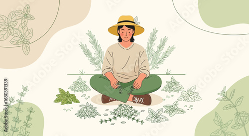 Serene Gardener: Cultivating Herbs in Sunlight, Embracing Nature's Bounty and Tranquility