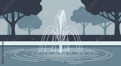Serene Illustration Of A Fountain Park With Lush Trees And Gentle Rain Shower