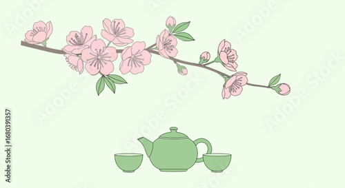 Serene Floral Tea Ceremony Depicting Tranquility and Gentle Spring Blossoms Displaying