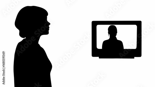 Silhouette of a woman looking at a television screen showing another silhouette of a person watching tv