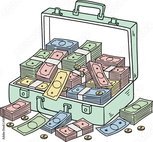 An open briefcase overflowing with stacks of colorful money and scattered coins AI/EPS/PNG/JPEG