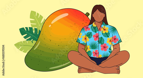 Serene Meditation and Mango Fusion Depicting Tropical Lifestyle In A Vibrant Style
