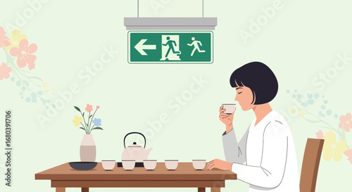 Serene Moment: Woman Enjoying Tea Under an Emergency Exit Sign Indoors