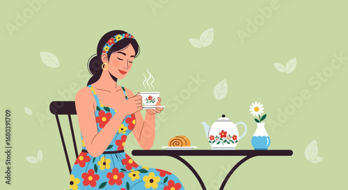 Serene Moment: Woman Enjoying Tea On A Sunny Day, Peaceful Illustration, Calm Atmosphere