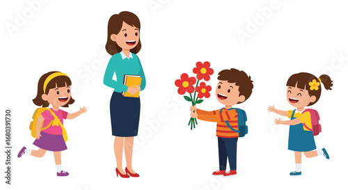 Teacher Receiving Flowers From Happy Students