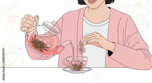 Serene Moment: Woman Preparing Blooming Floral Tea In A Delicate Teapot