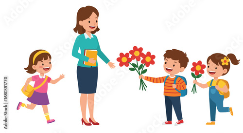 Teacher receiving flowers from happy students on first day of school.