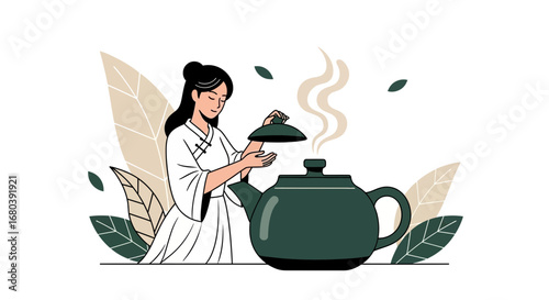 Serene Ritual: A Woman Preparing Tea In An Elegant And Peaceful Illustration