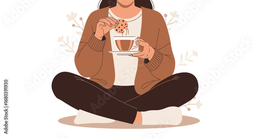 Serene Scene Of Person With Sweet Treat Enjoying Delightful Beverage And Cozy Vibes