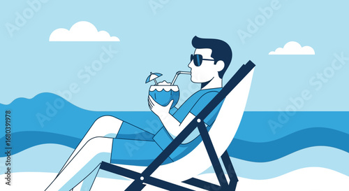 Serene Seaside Scene: Man Lounging, Enjoying Coconut Cocktail, Beach Vacation
