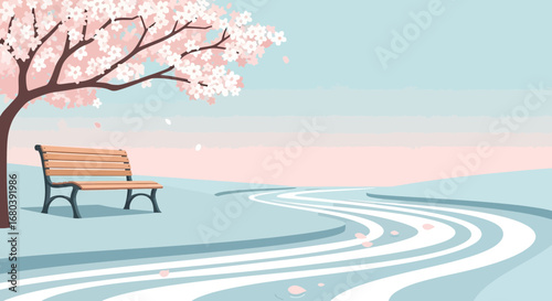 Serene Spring Scene: Cherry Blossom Tree, Bench, and Winding River in Pastel Landscape