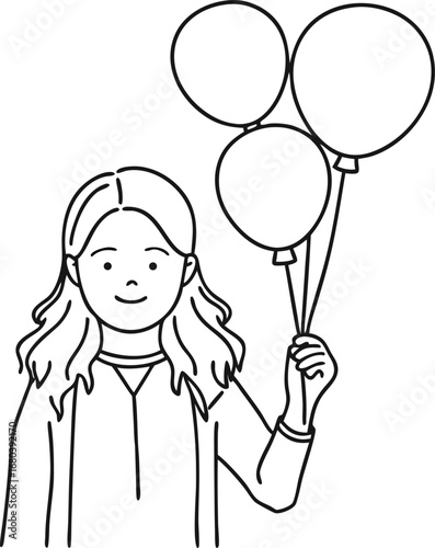 A delightful line art showcases a cheerful girl holding a bunch of balloons, radiating happiness and youthful innocence