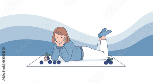 Serene Woman Contemplating Fresh Blueberries in a Relaxing, Calm, and Peaceful Setting