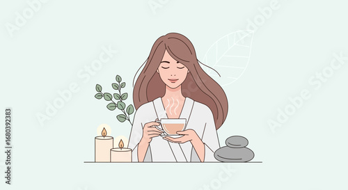 Serene Woman Enjoying Tea While Enjoying Spa Treatments and Peaceful Relaxation Moments