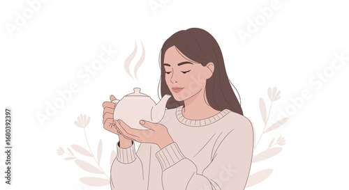 Serene Woman Enjoying Tea, Capturing Peaceful Moments and Tranquil Ambiance