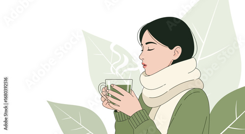 Serene Woman Sipping Warm Tea In A Calm Setting With Soft Foliage Elements