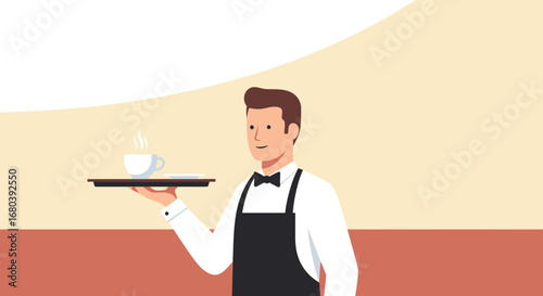 Server Holding A Tray With Coffee, Concept Illustration For Cafe Restaurant, Vector Design.