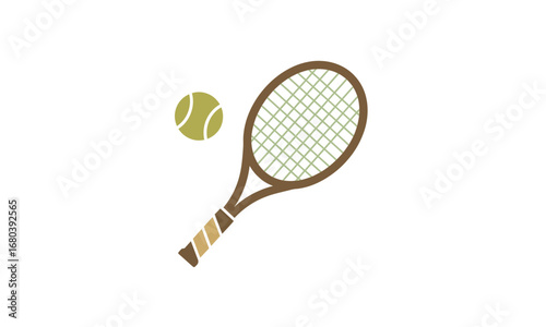 Brown tennis racket and fuzzy green ball, sporting equipment for a game.