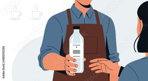Server Offering Bottled Water To A Client And Two Steam Cups In Background, Clean Design