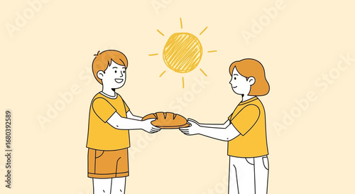 Shared Loaf: Two Figures, Golden Sunshine, Bread Exchange Under Radiating Sunlight